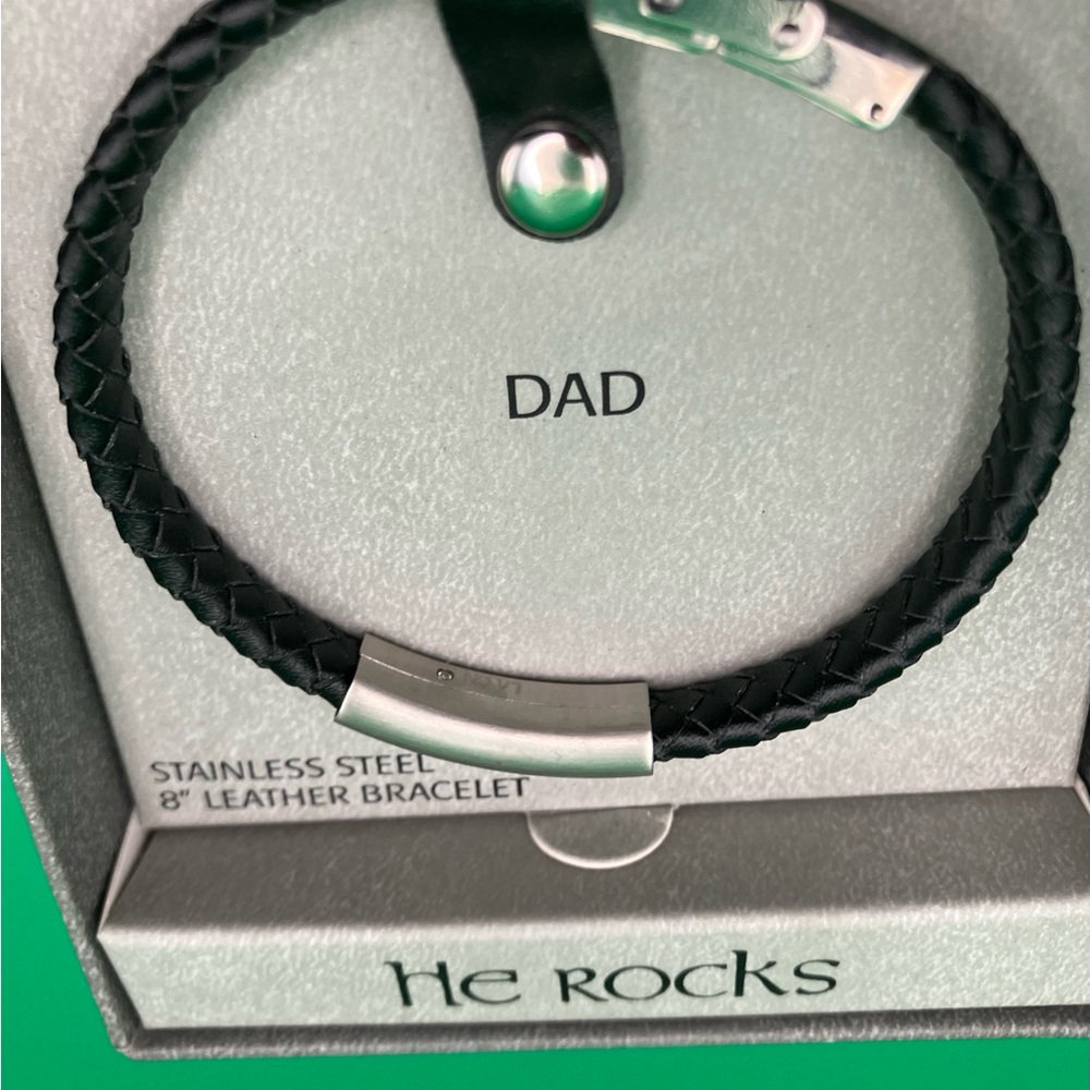 Herringbone Cufflinks & Black Leather Bracelet for Dad